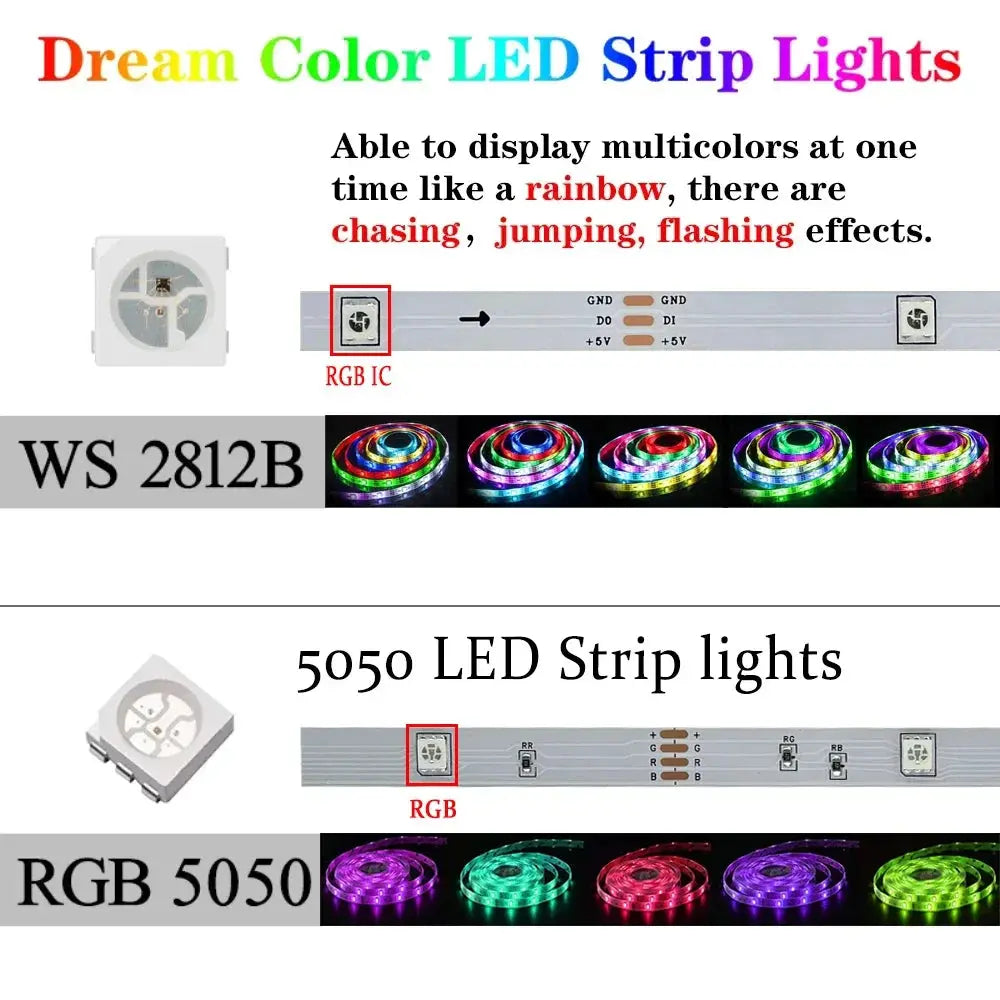 LED Strip RGBIC 5050 WS2812b Bluetooth App Control Chasing Effect Lights Flexible Tape Diode Ribbon TV BackLight Room Decorate - HortonBe