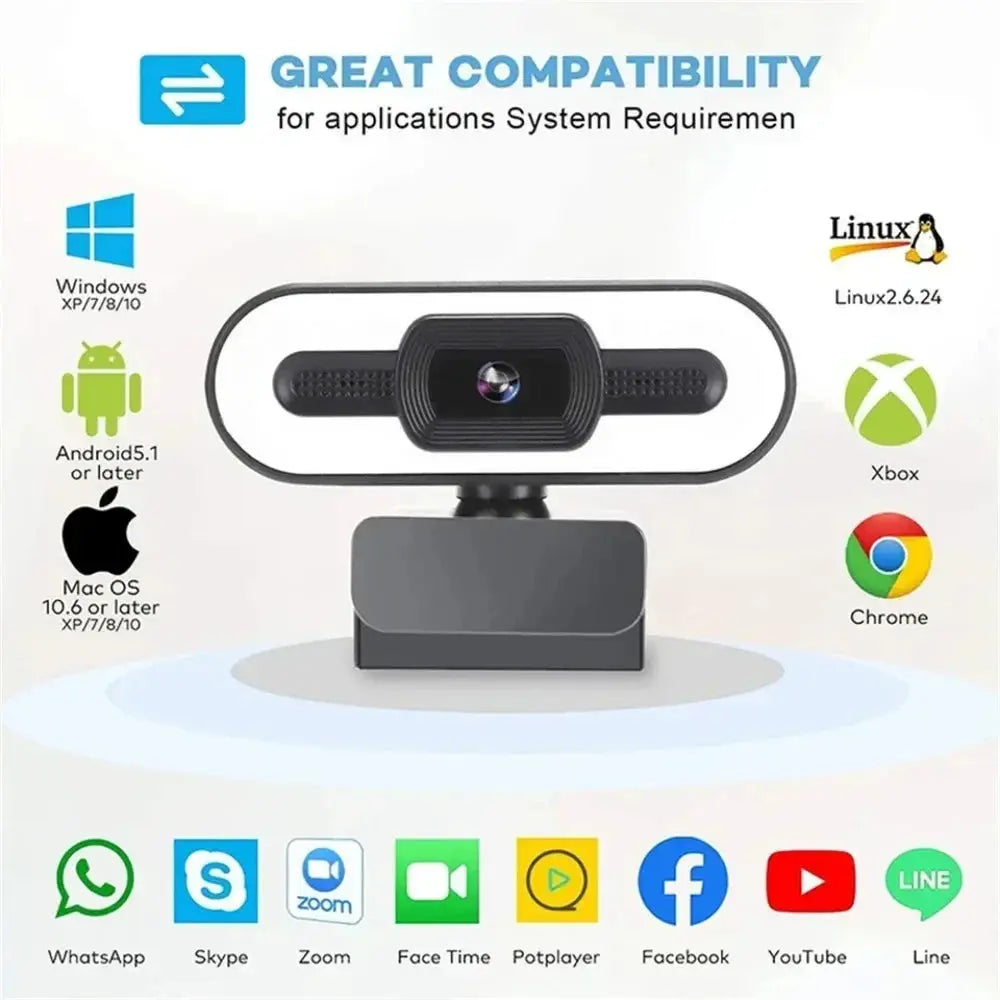 Portable Full HD 1080P 2K 4K Webcam PC Laptop Auto Focus Webcam Live Streaming Flexible with Microphone Live Broadcast withLight HortonBe