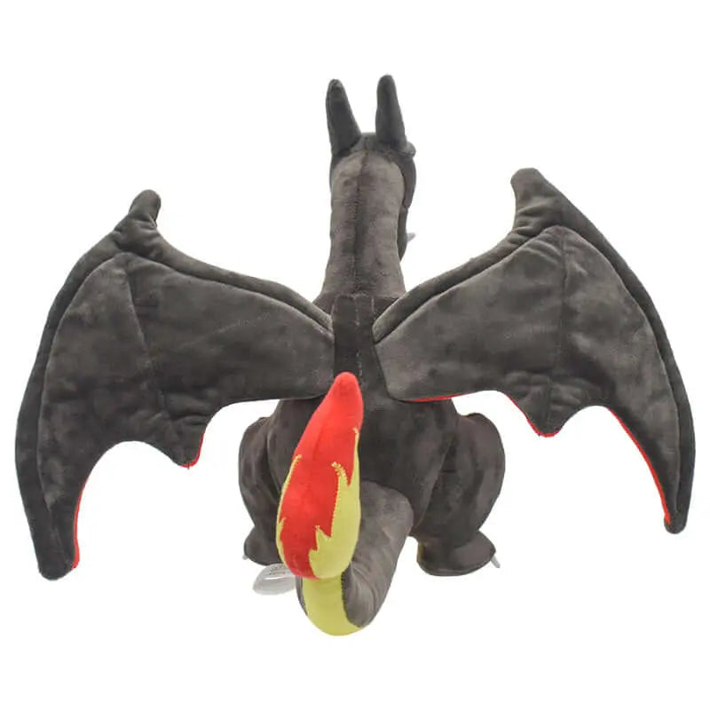 Shiny Charizard plush toy with realistic details, featuring black wings and a vibrant red tail, 9 inches tall.