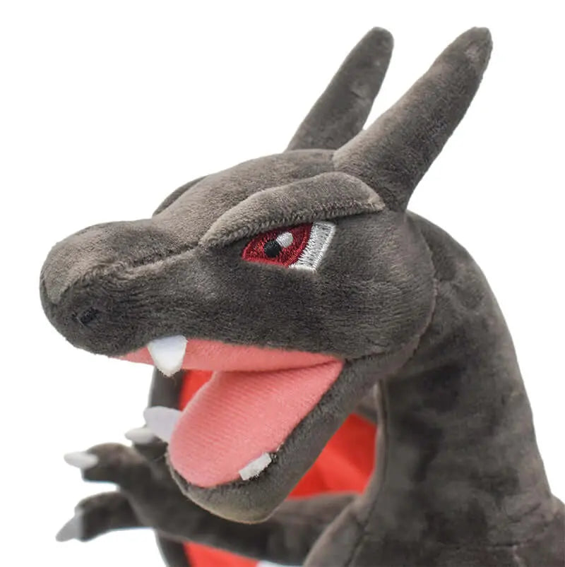 Shiny Charizard plush toy with realistic features, black plush fabric, and detailed facial expression, 9-inch size.