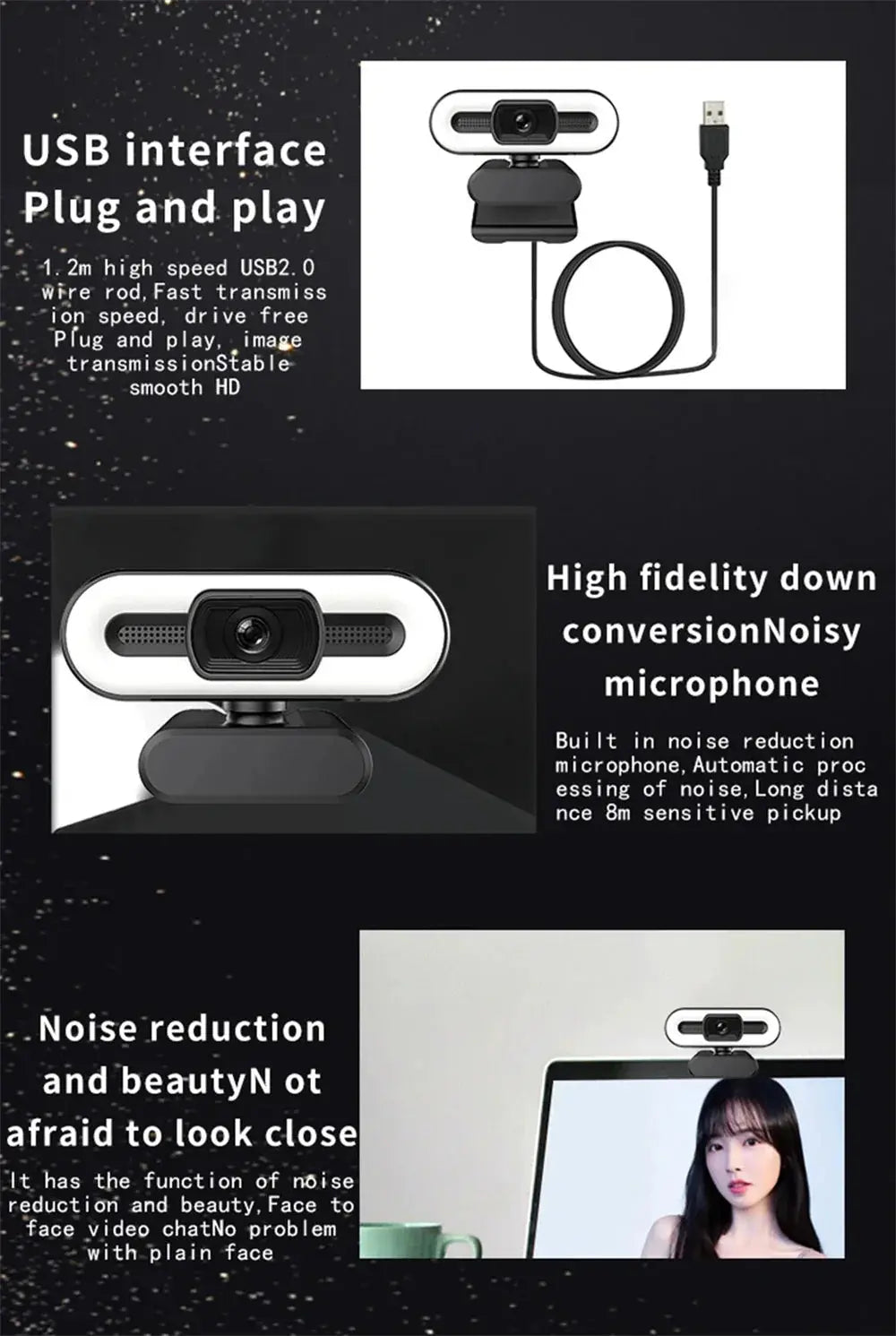 Portable Full HD 1080P 2K 4K Webcam PC Laptop Auto Focus Webcam Live Streaming Flexible with Microphone Live Broadcast withLight HortonBe