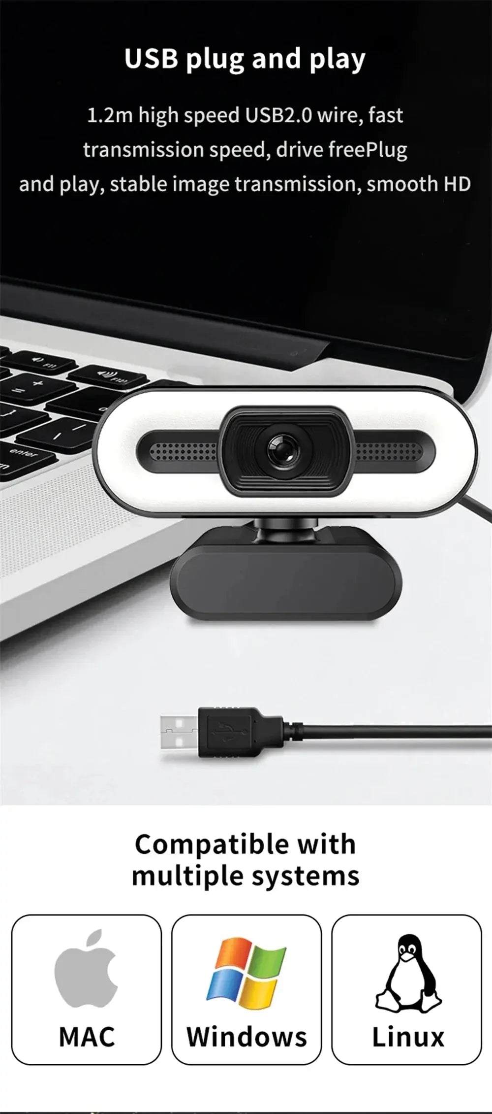 Portable Full HD 1080P 2K 4K Webcam PC Laptop Auto Focus Webcam Live Streaming Flexible with Microphone Live Broadcast withLight HortonBe
