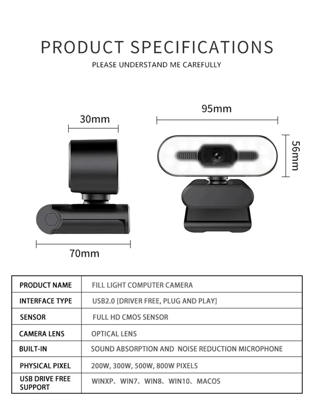 Portable Full HD 1080P 2K 4K Webcam PC Laptop Auto Focus Webcam Live Streaming Flexible with Microphone Live Broadcast withLight HortonBe